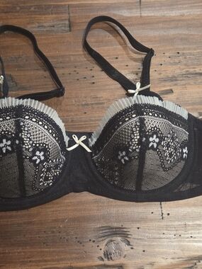 Black Lace Balconette Bra with Cream Trim 34B